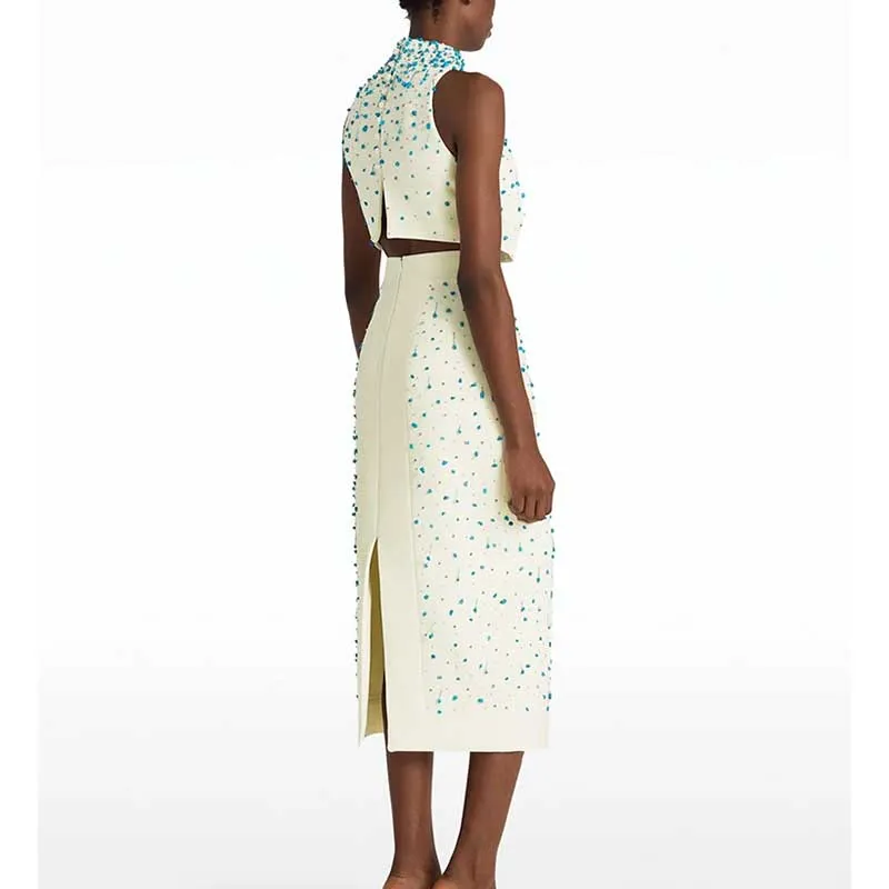 Womens Midi Skirt Suit Halter Neck Formal Event Suit High Waist Wedding Suit