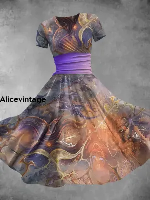 Women's Retro Colorful Illustration Art Print V-Neck Midi Dress
