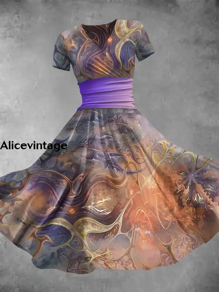 Women's Retro Colorful Illustration Art Print V-Neck Midi Dress
