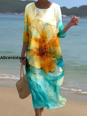 Women's Retro Floral Art Print Round Neck Maxi Dress