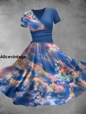 Women's Retro Sky Art Print V-Neck Midi Dress