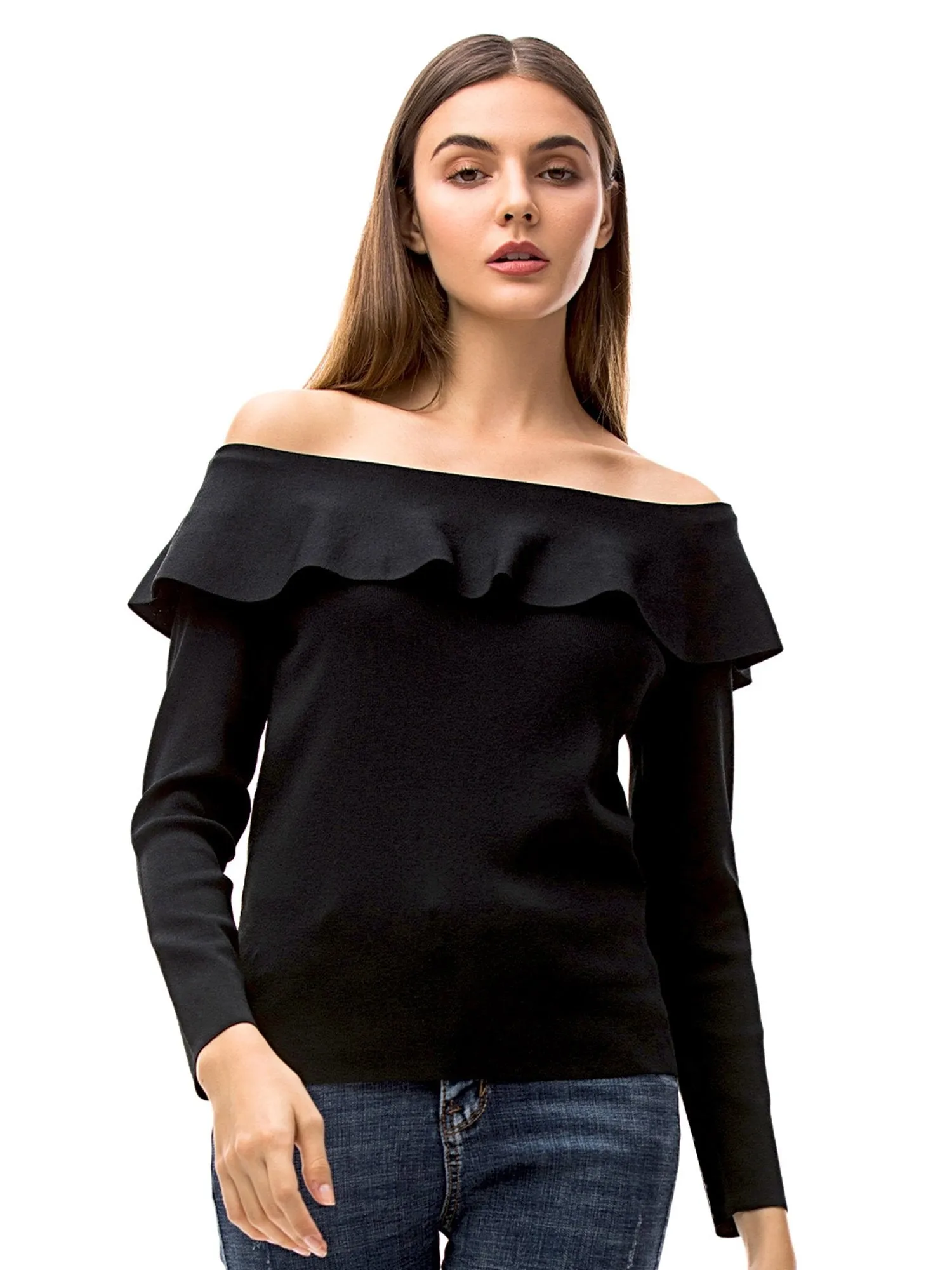Womens Ruffle Neck Off Shoulder Shirt