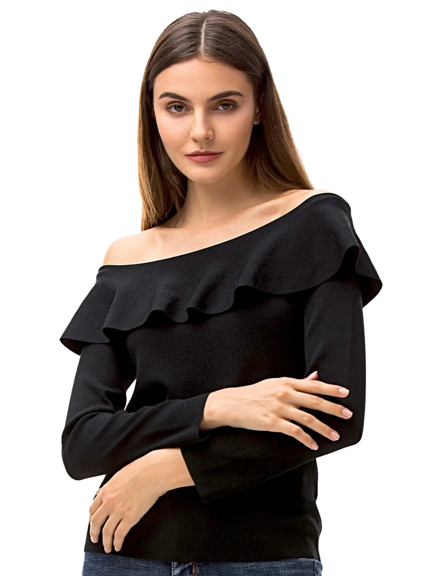 Womens Ruffle Neck Off Shoulder Shirt