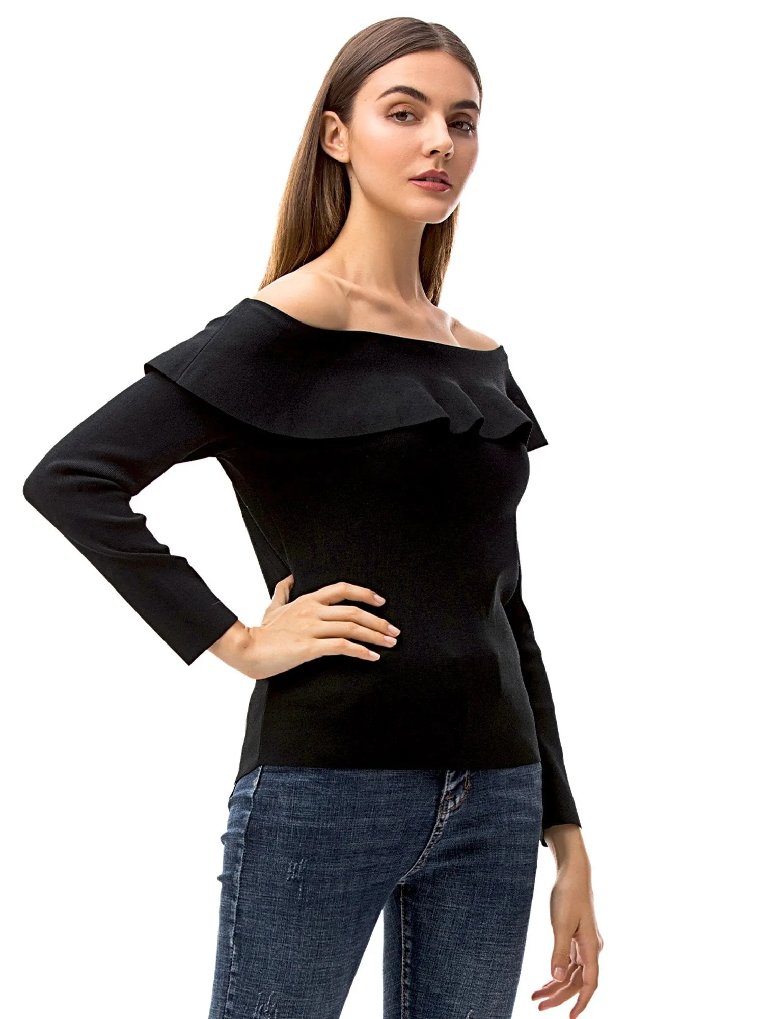Womens Ruffle Neck Off Shoulder Shirt