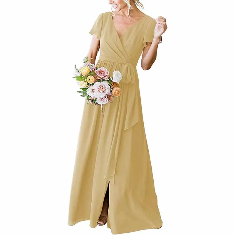 Women's Short Sleeve Bridesmaid Dresses Lace Up Chiffon Formal Dresses