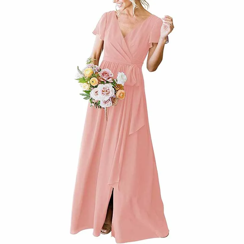 Women's Short Sleeve Bridesmaid Dresses Lace Up Chiffon Formal Dresses