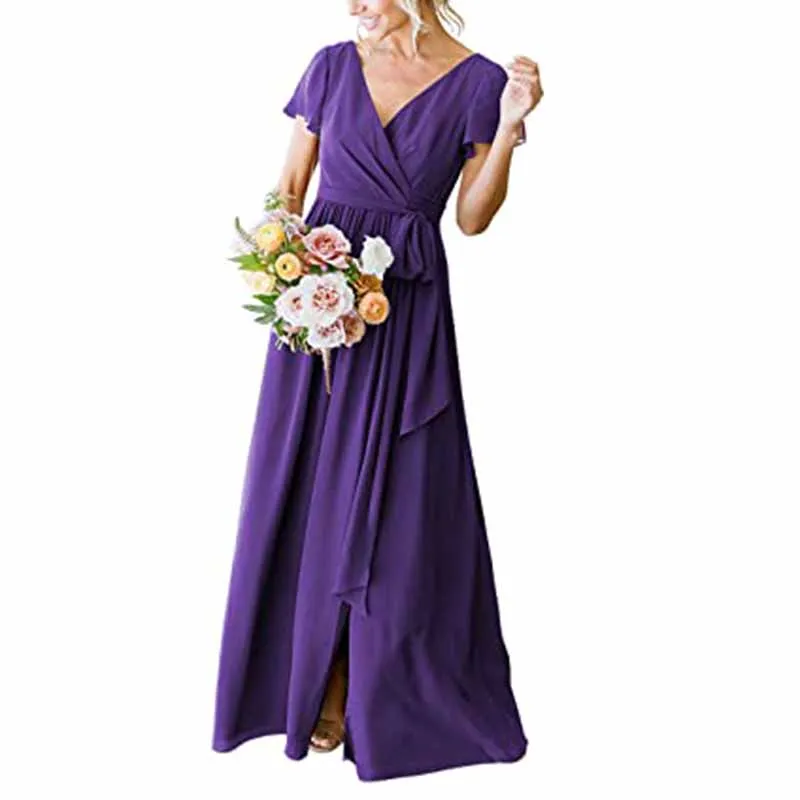 Women's Short Sleeve Bridesmaid Dresses Lace Up Chiffon Formal Dresses