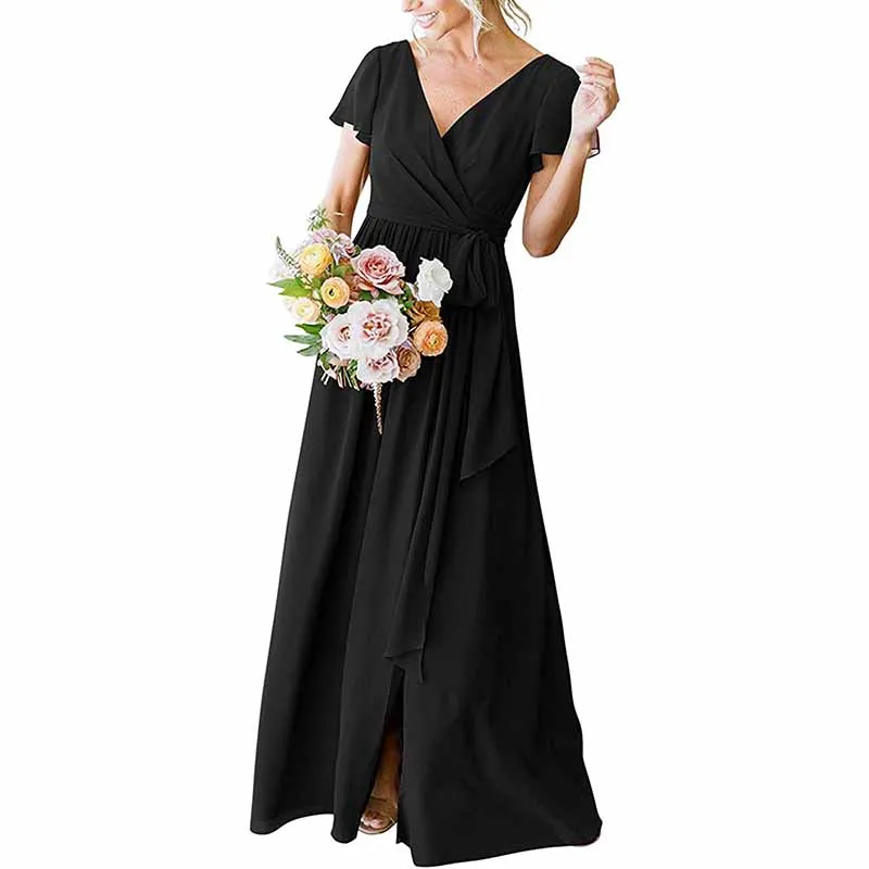 Women's Short Sleeve Bridesmaid Dresses Lace Up Chiffon Formal Dresses