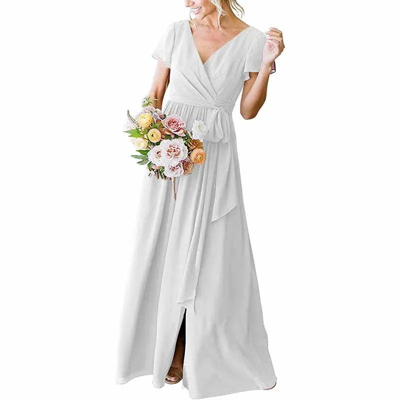 Women's Short Sleeve Bridesmaid Dresses Lace Up Chiffon Formal Dresses