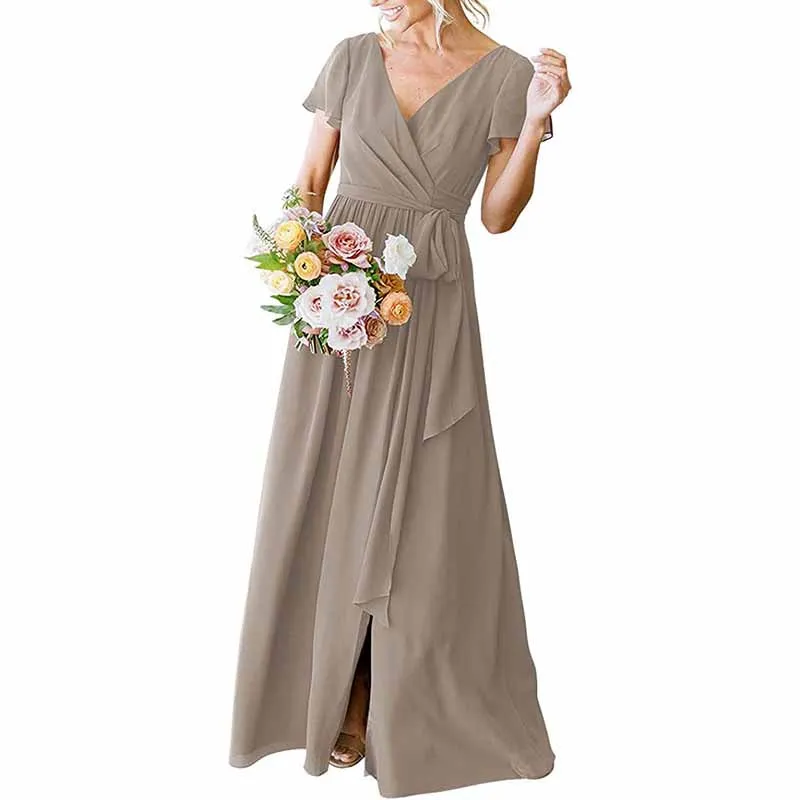 Women's Short Sleeve Bridesmaid Dresses Lace Up Chiffon Formal Dresses