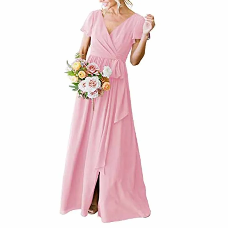 Women's Short Sleeve Bridesmaid Dresses Lace Up Chiffon Formal Dresses