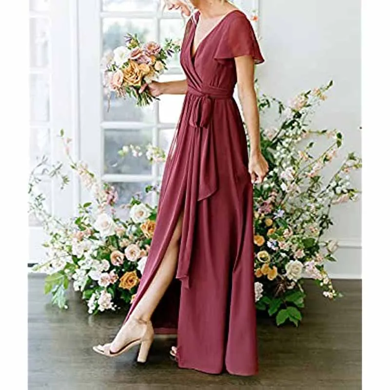 Women's Short Sleeve Bridesmaid Dresses Lace Up Chiffon Formal Dresses