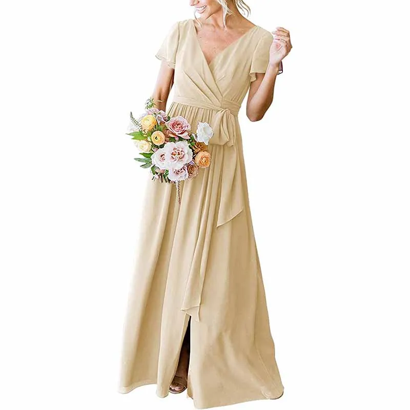 Women's Short Sleeve Bridesmaid Dresses Lace Up Chiffon Formal Dresses
