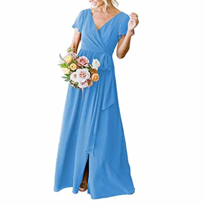 Women's Short Sleeve Bridesmaid Dresses Lace Up Chiffon Formal Dresses
