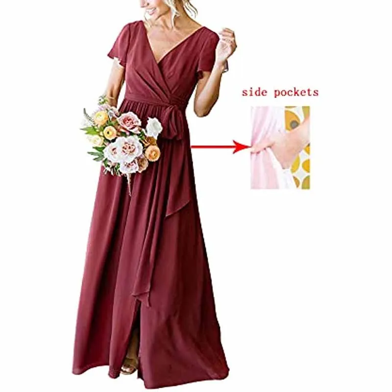 Women's Short Sleeve Bridesmaid Dresses Lace Up Chiffon Formal Dresses