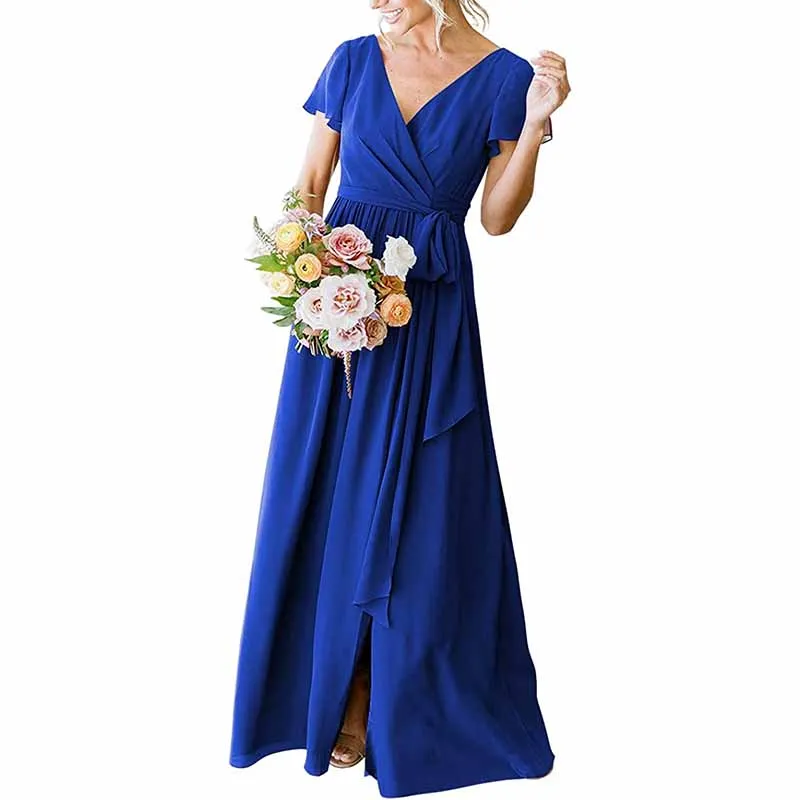 Women's Short Sleeve Bridesmaid Dresses Lace Up Chiffon Formal Dresses