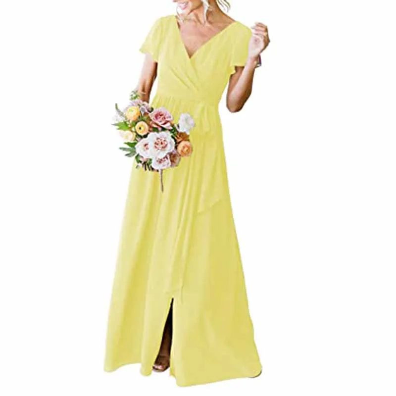 Women's Short Sleeve Bridesmaid Dresses Lace Up Chiffon Formal Dresses