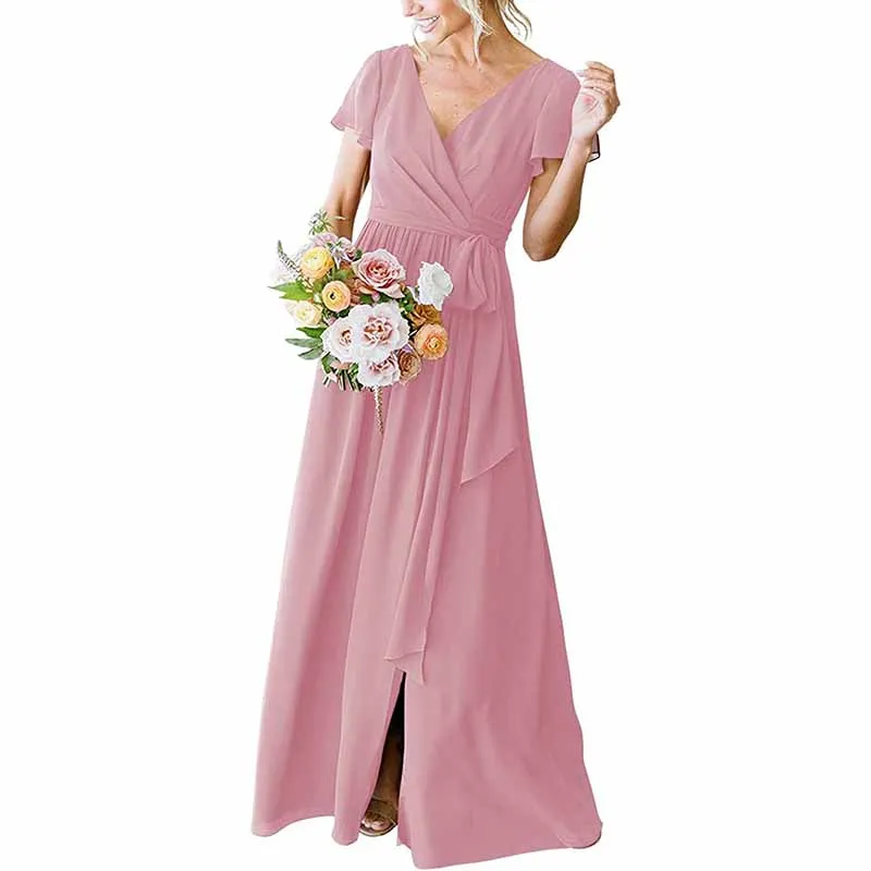 Women's Short Sleeve Bridesmaid Dresses Lace Up Chiffon Formal Dresses