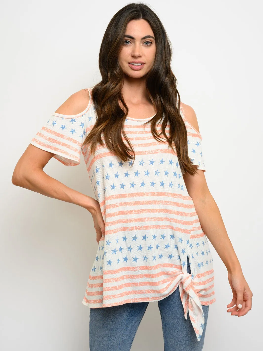 WOMEN'S SHORT SLEEVE COLD SHOULDER STARS PRINT TOP
