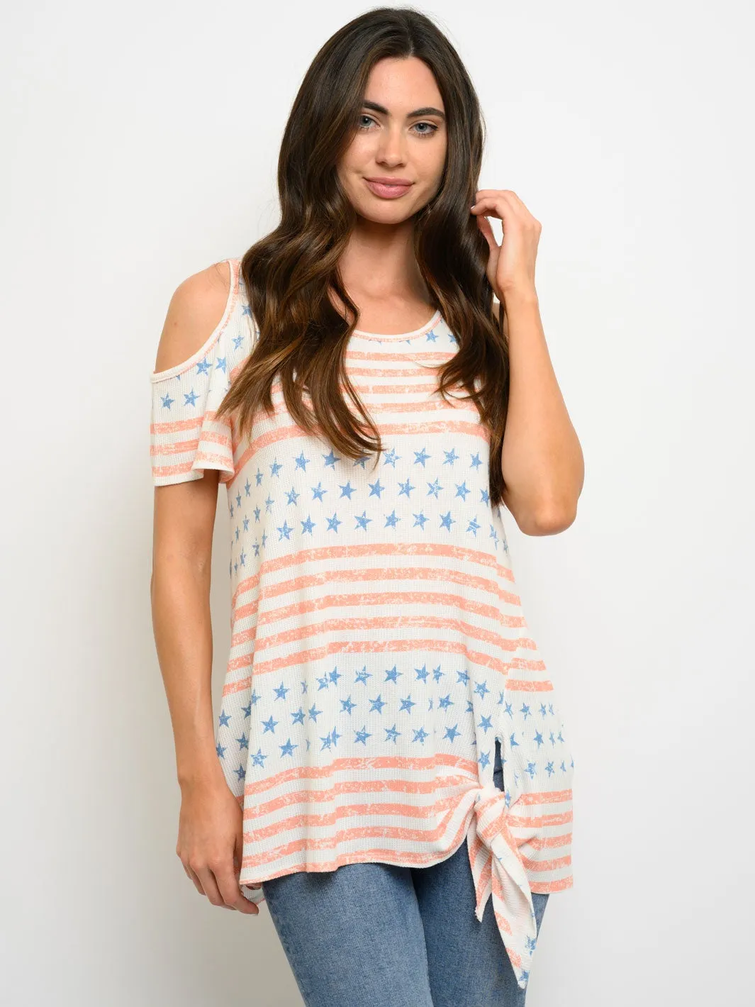 WOMEN'S SHORT SLEEVE COLD SHOULDER STARS PRINT TOP