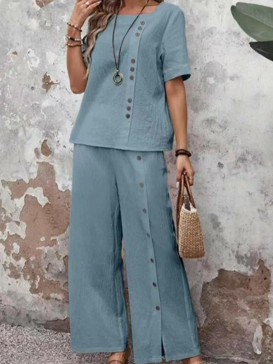 Women's  Solid Color Round Neck Button Short Sleeve Casual Loose Two-piece Suit