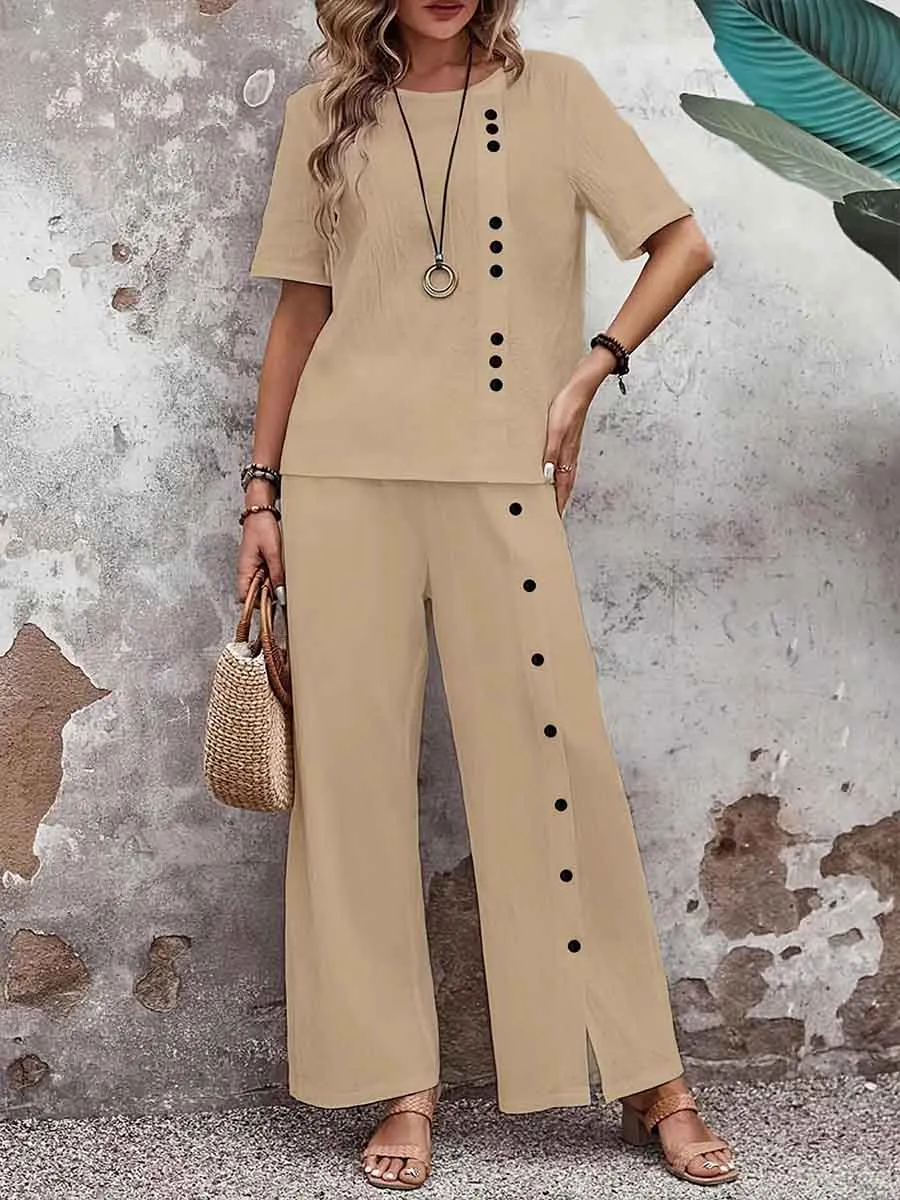 Women's  Solid Color Round Neck Button Short Sleeve Casual Loose Two-piece Suit