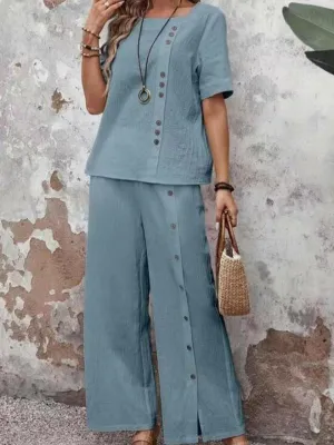 Women's  Solid Color Round Neck Button Short Sleeve Casual Loose Two-piece Suit
