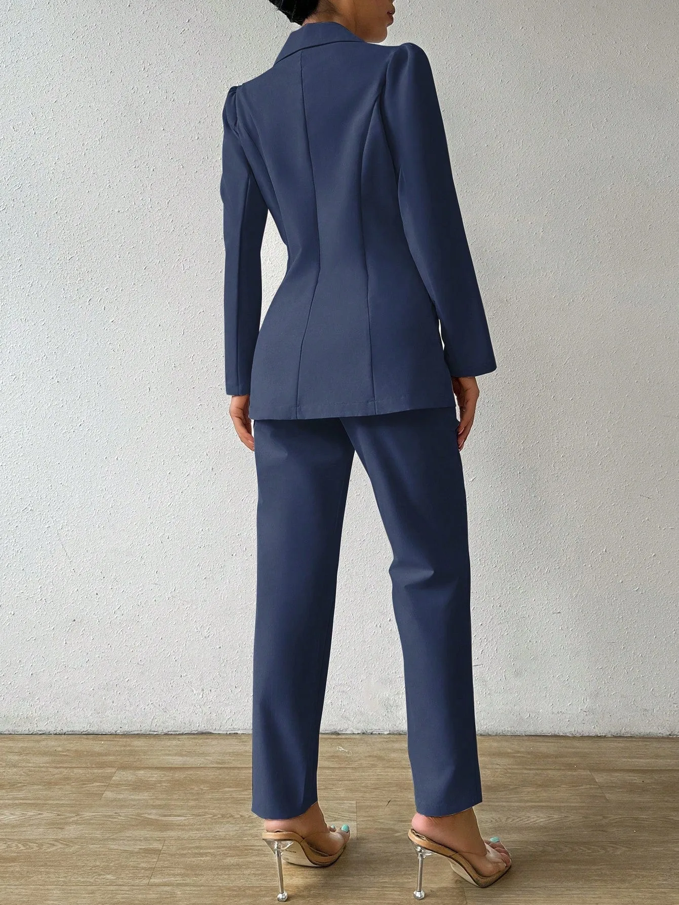 Women's Solid Color Stand Collar Metal Double-Breasted Long Sleeve Blazer And Pants Elegant Suit Set