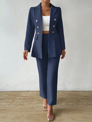 Women's Solid Color Stand Collar Metal Double-Breasted Long Sleeve Blazer And Pants Elegant Suit Set