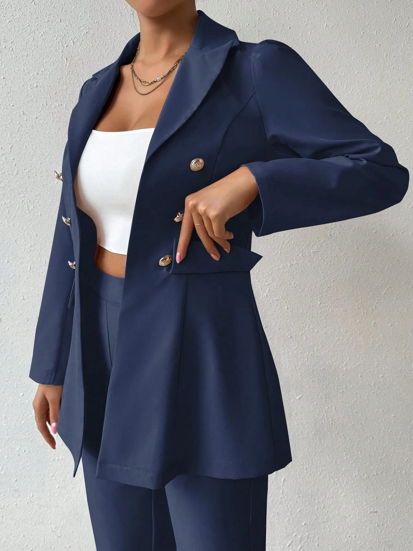Women's Solid Color Stand Collar Metal Double-Breasted Long Sleeve Blazer And Pants Elegant Suit Set