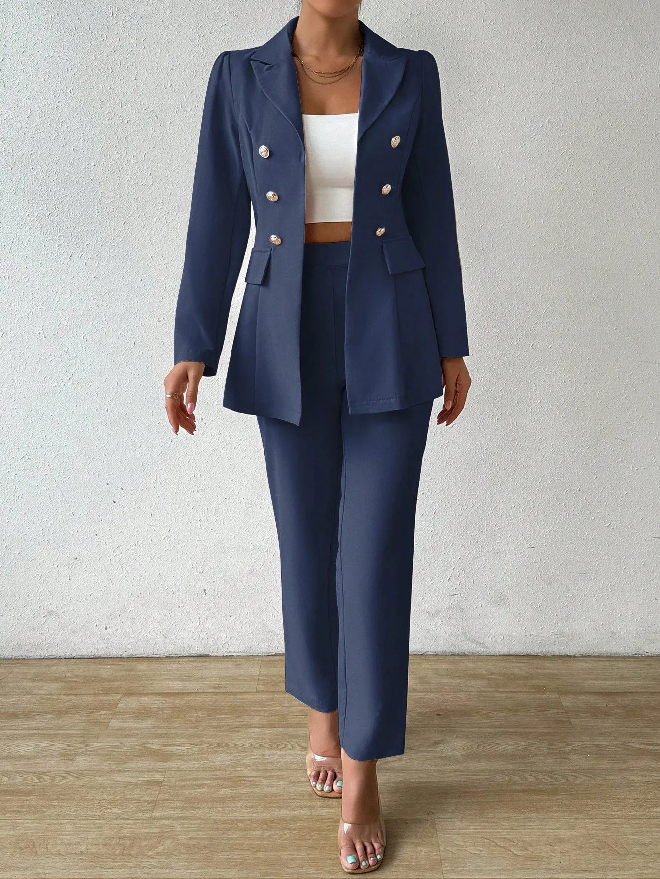 Women's Solid Color Stand Collar Metal Double-Breasted Long Sleeve Blazer And Pants Elegant Suit Set