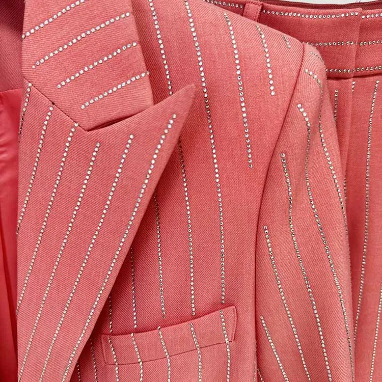 Women's Striped Blazer Set Single Button Diamond Suit Pants Set