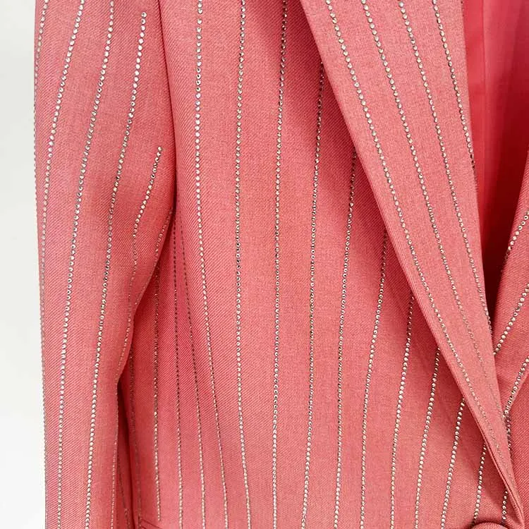 Women's Striped Blazer Set Single Button Diamond Suit Pants Set