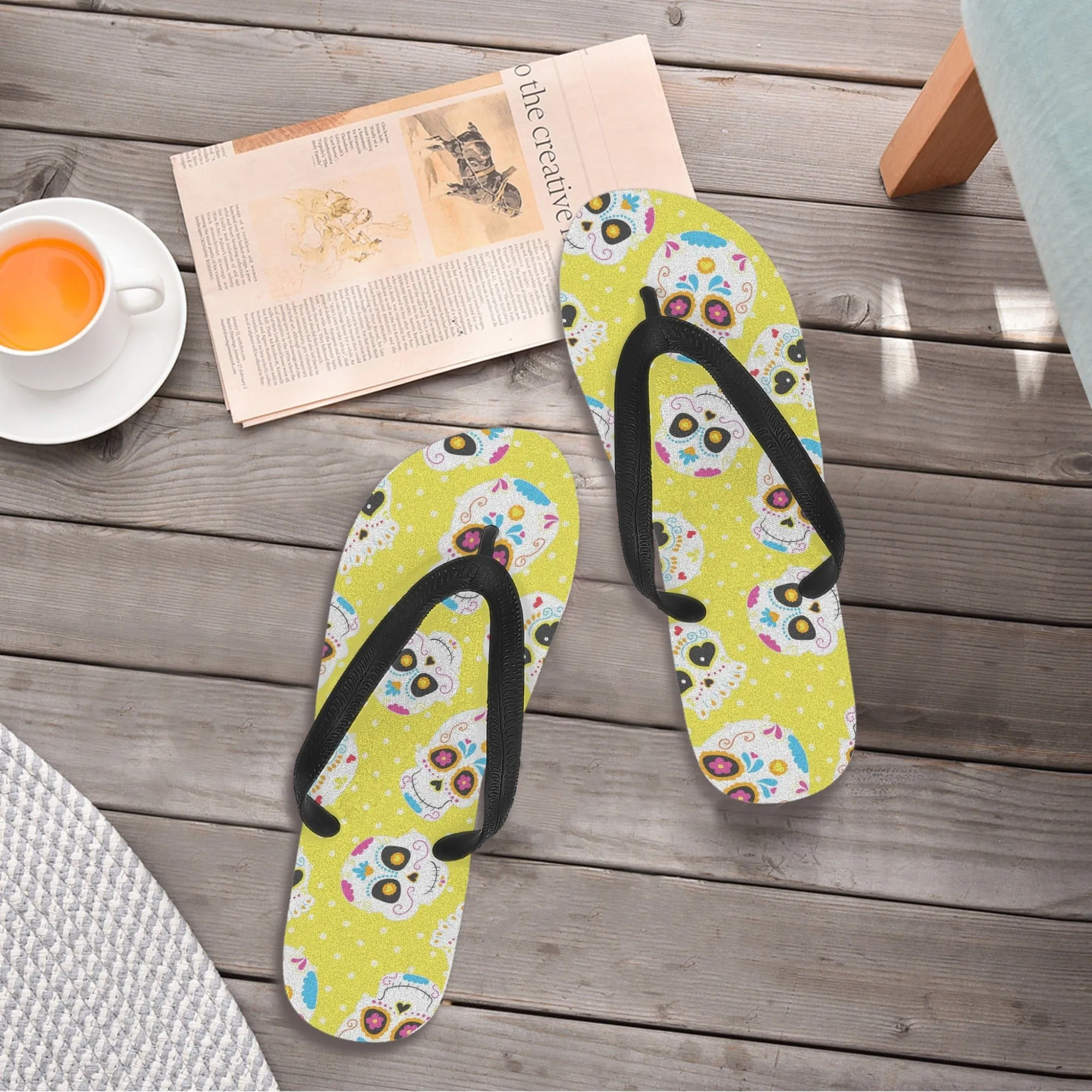 Women's Sugar Skulls Yellow Flip Flops