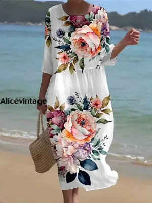 Women's Vintage Floral Art Print V Neck Maxi Dress