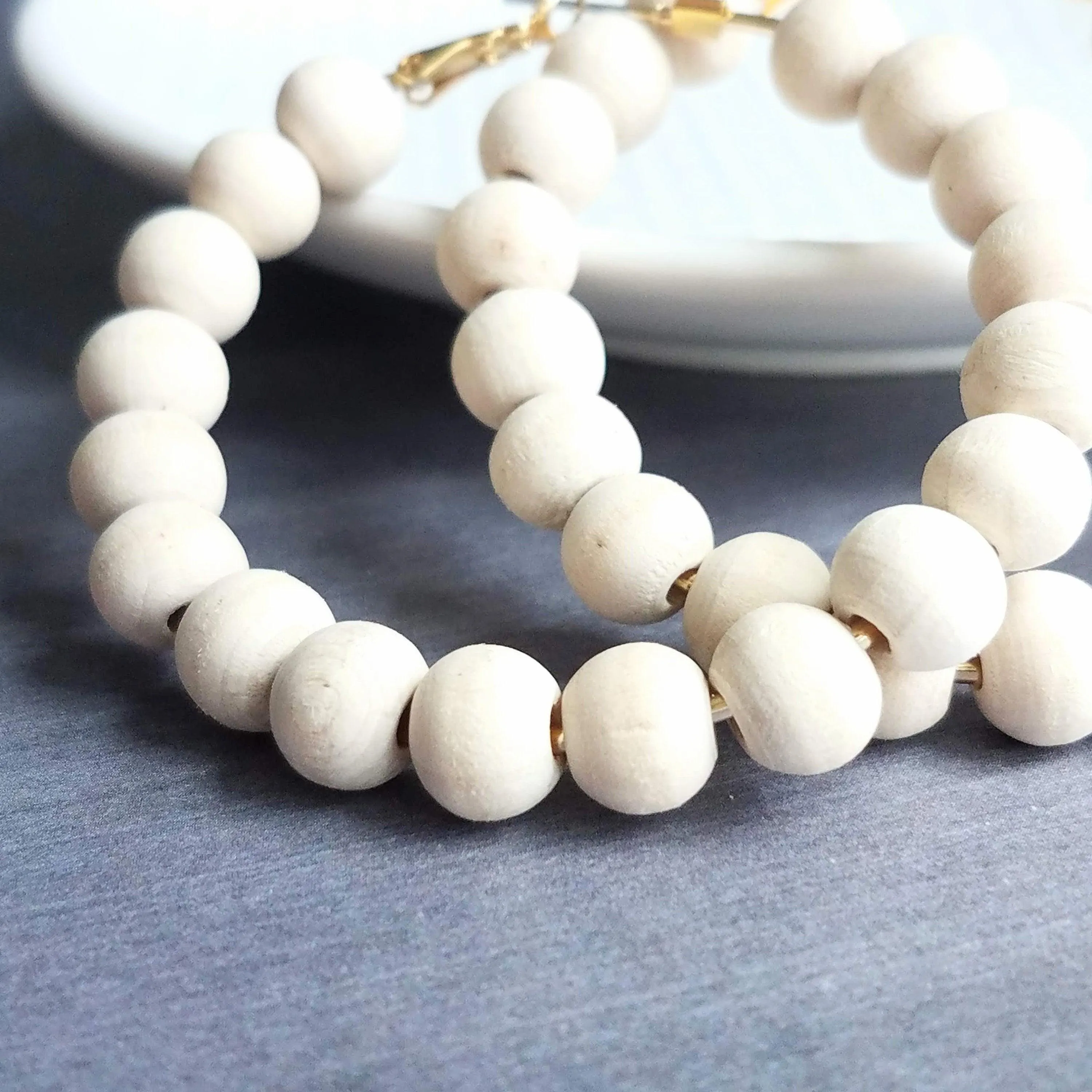 Wood Bead Hoop Earrings, large gold hoop, summer earrings, beaded hoops, wooden bead earring, natural wood beads, large hoops, bold silver