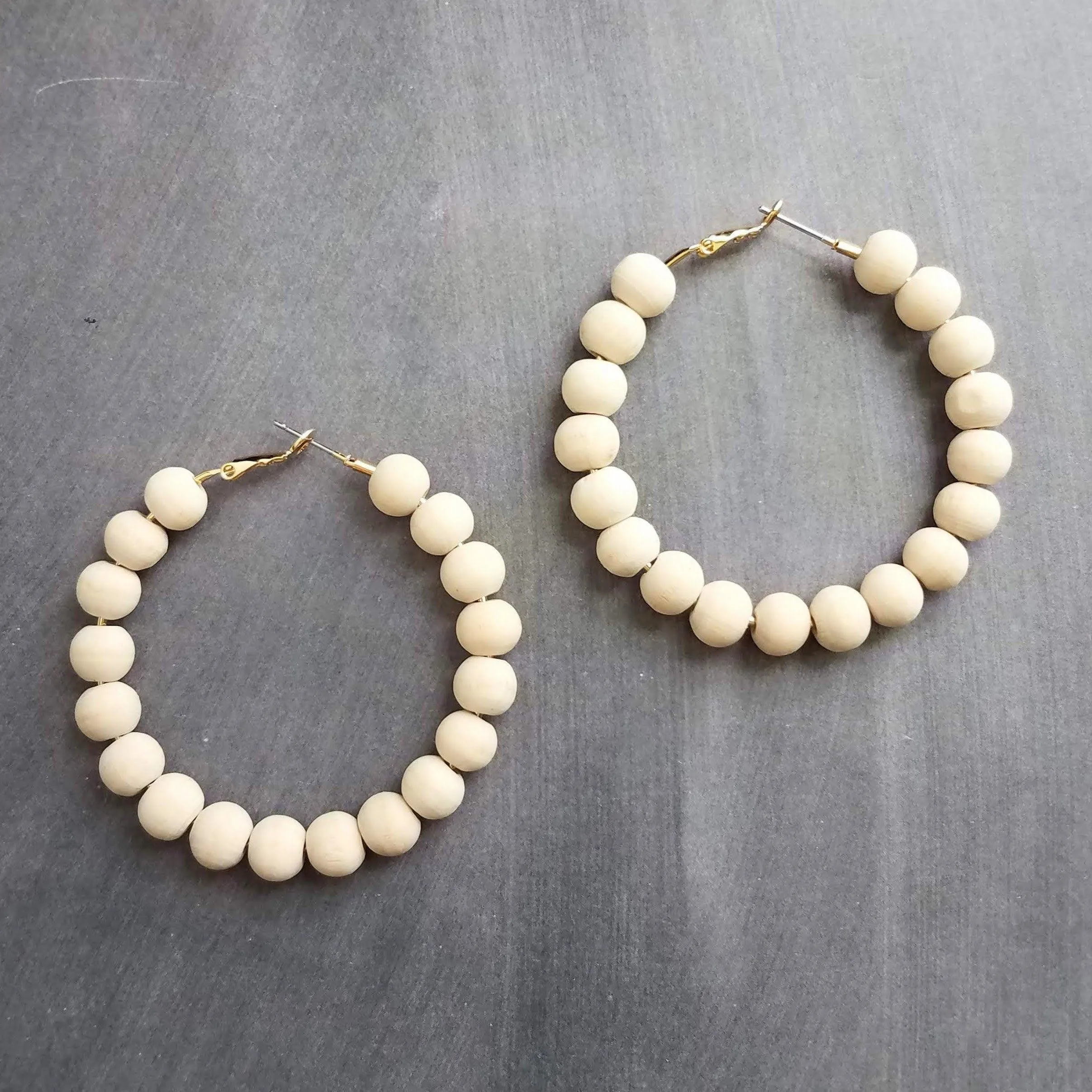 Wood Bead Hoop Earrings, large gold hoop, summer earrings, beaded hoops, wooden bead earring, natural wood beads, large hoops, bold silver