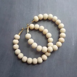 Wood Bead Hoop Earrings, large gold hoop, summer earrings, beaded hoops, wooden bead earring, natural wood beads, large hoops, bold silver