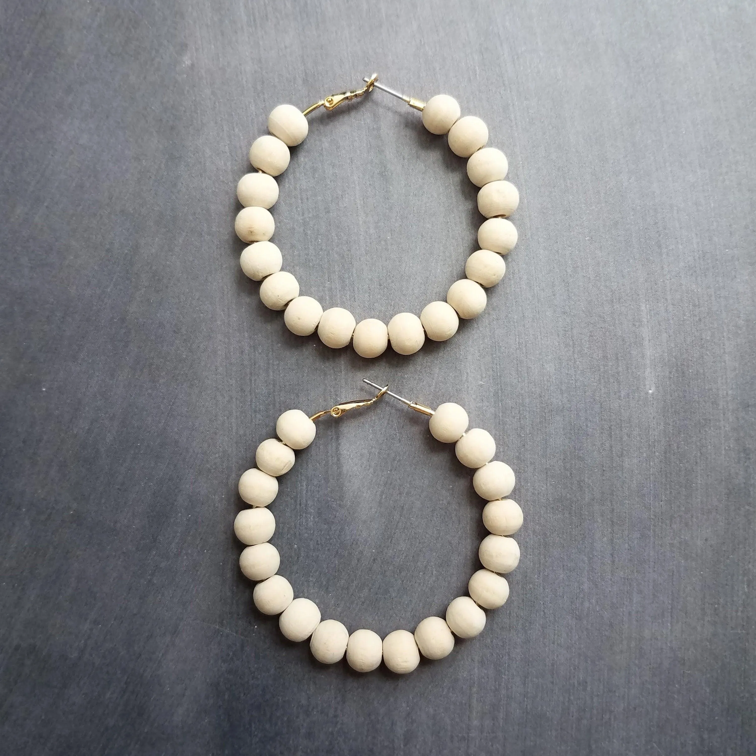 Wood Bead Hoop Earrings, large gold hoop, summer earrings, beaded hoops, wooden bead earring, natural wood beads, large hoops, bold silver