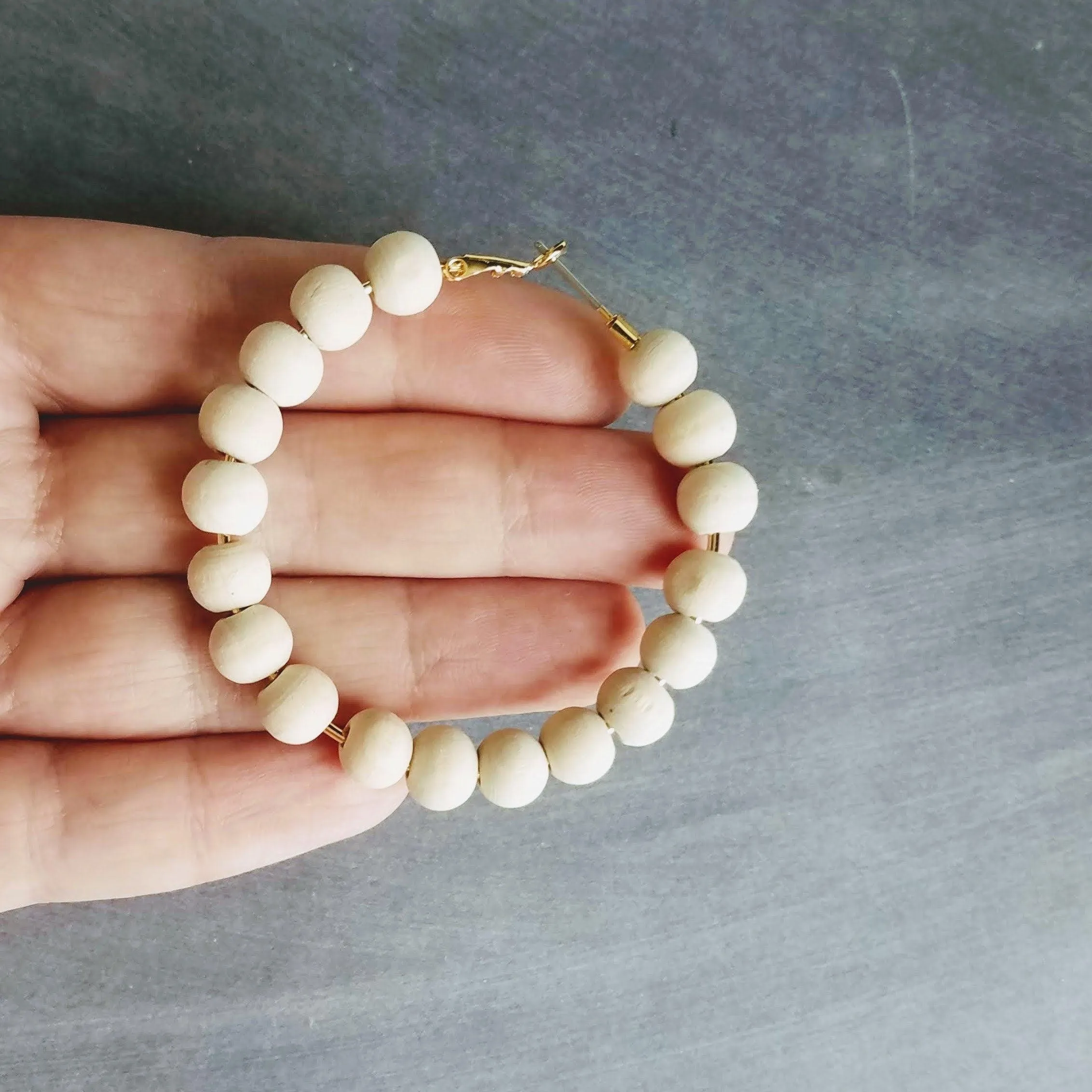 Wood Bead Hoop Earrings, large gold hoop, summer earrings, beaded hoops, wooden bead earring, natural wood beads, large hoops, bold silver