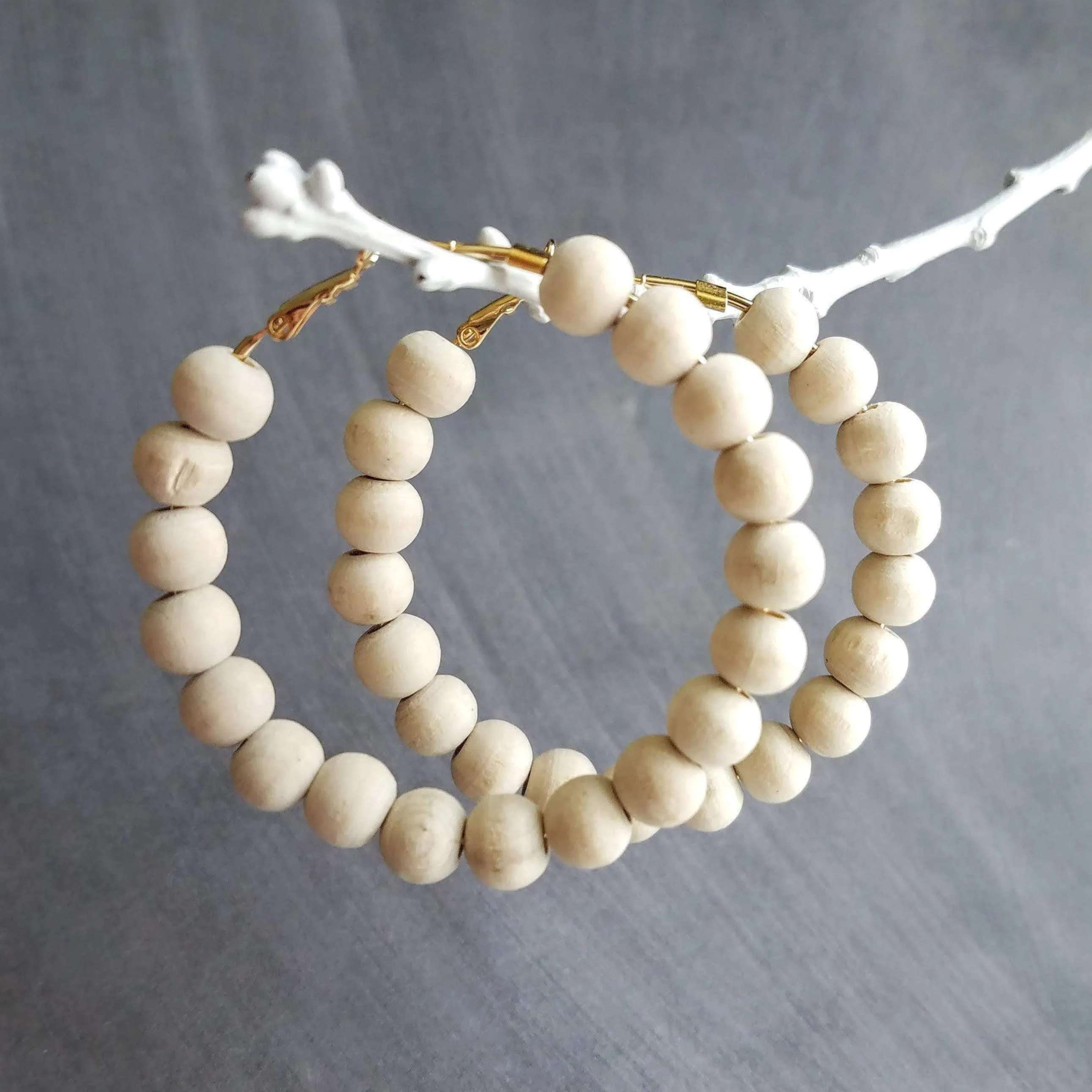 Wood Bead Hoop Earrings, large gold hoop, summer earrings, beaded hoops, wooden bead earring, natural wood beads, large hoops, bold silver