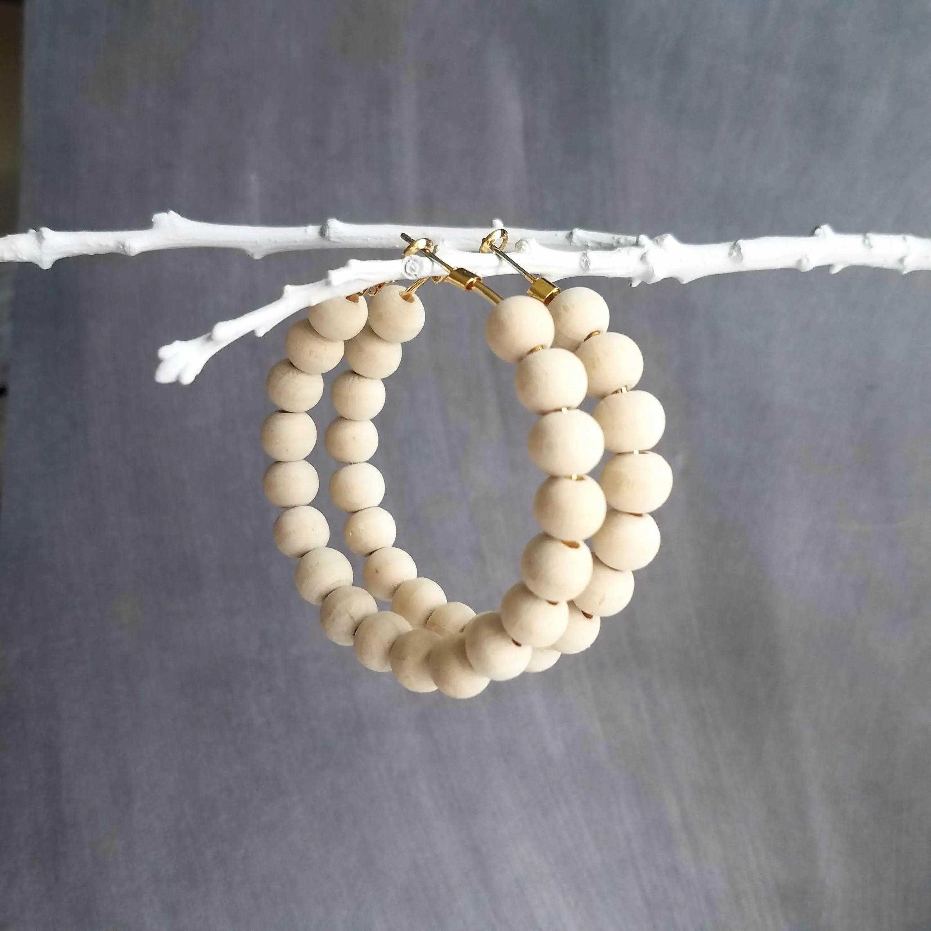 Wood Bead Hoop Earrings, large gold hoop, summer earrings, beaded hoops, wooden bead earring, natural wood beads, large hoops, bold silver