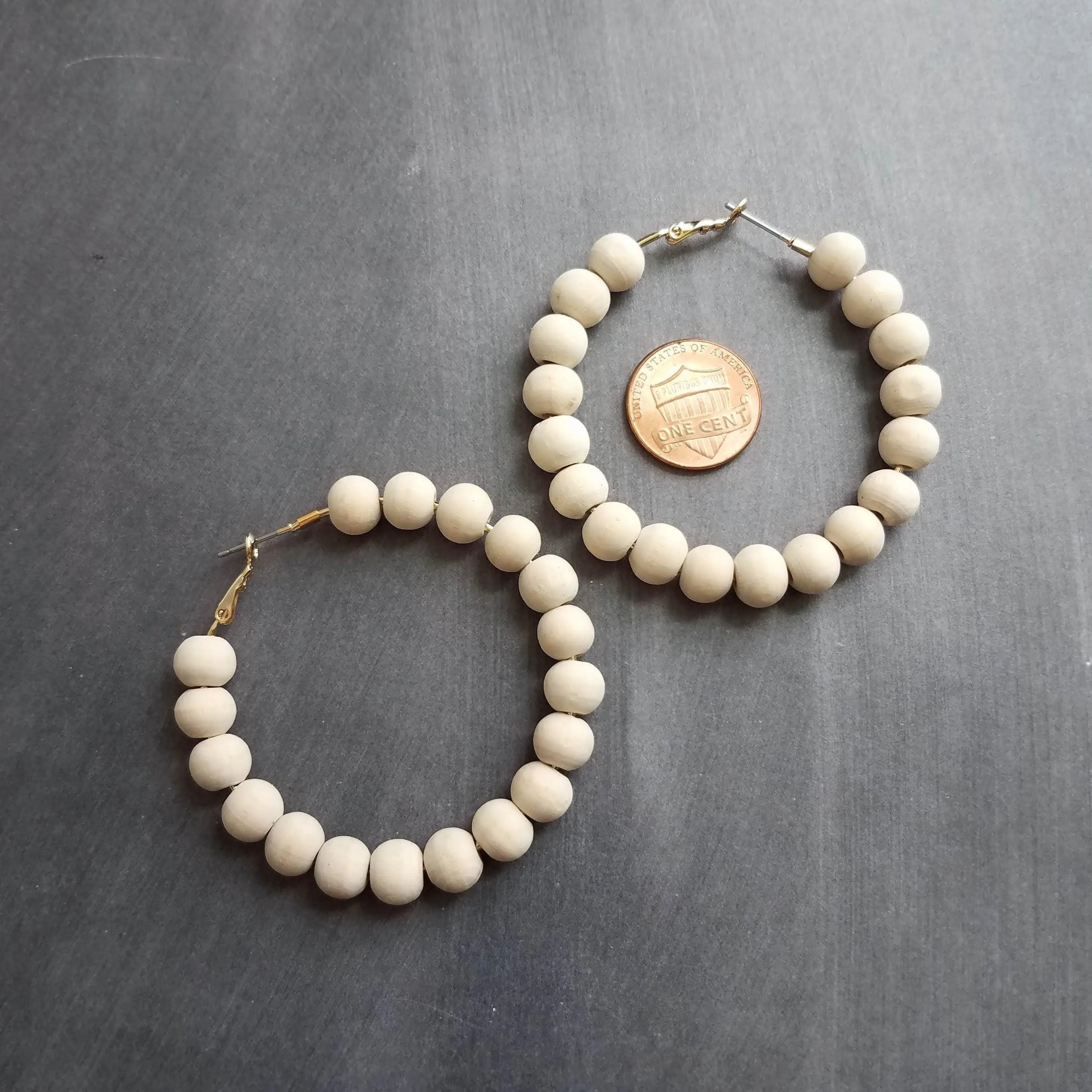 Wood Bead Hoop Earrings, large gold hoop, summer earrings, beaded hoops, wooden bead earring, natural wood beads, large hoops, bold silver