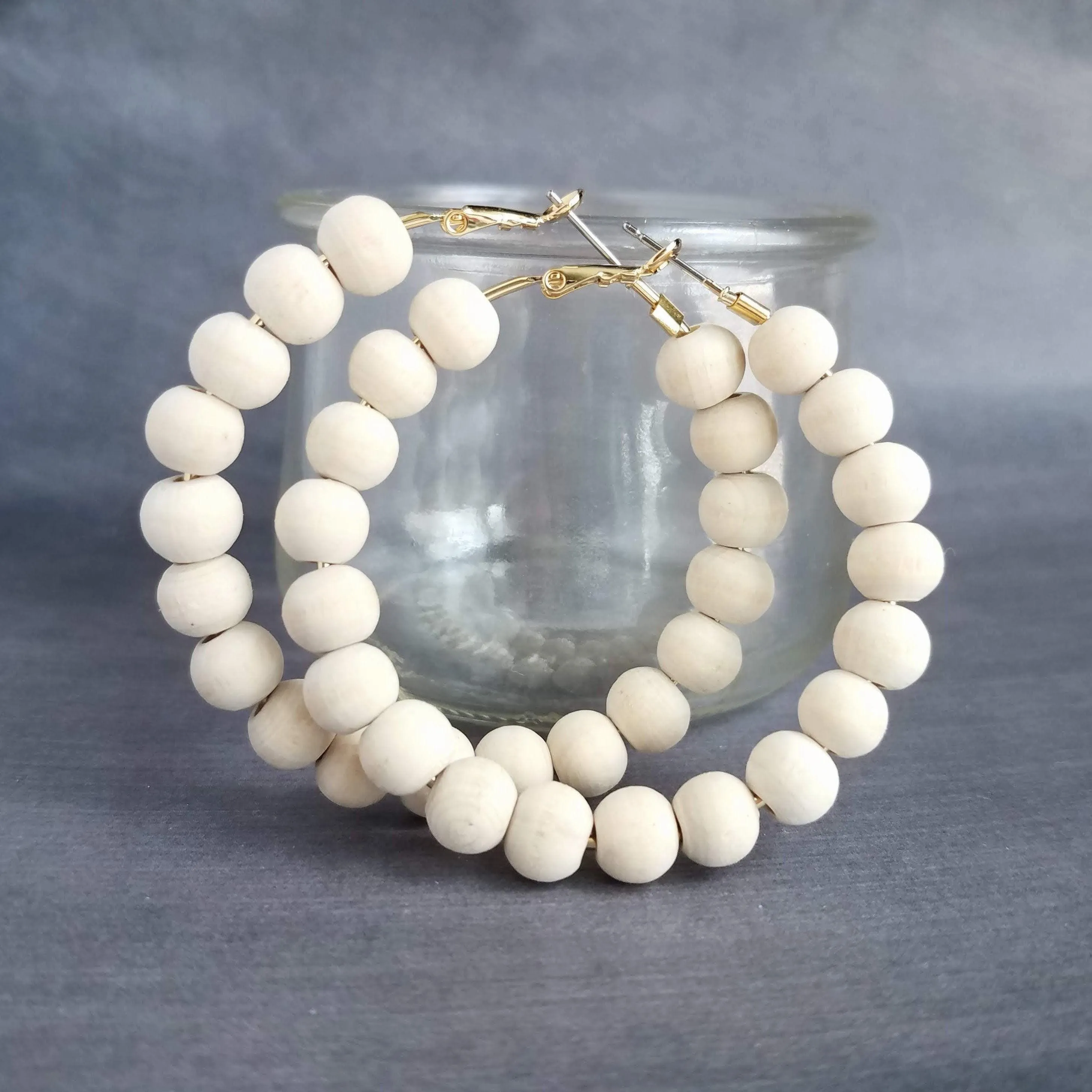 Wood Bead Hoop Earrings, large gold hoop, summer earrings, beaded hoops, wooden bead earring, natural wood beads, large hoops, bold silver