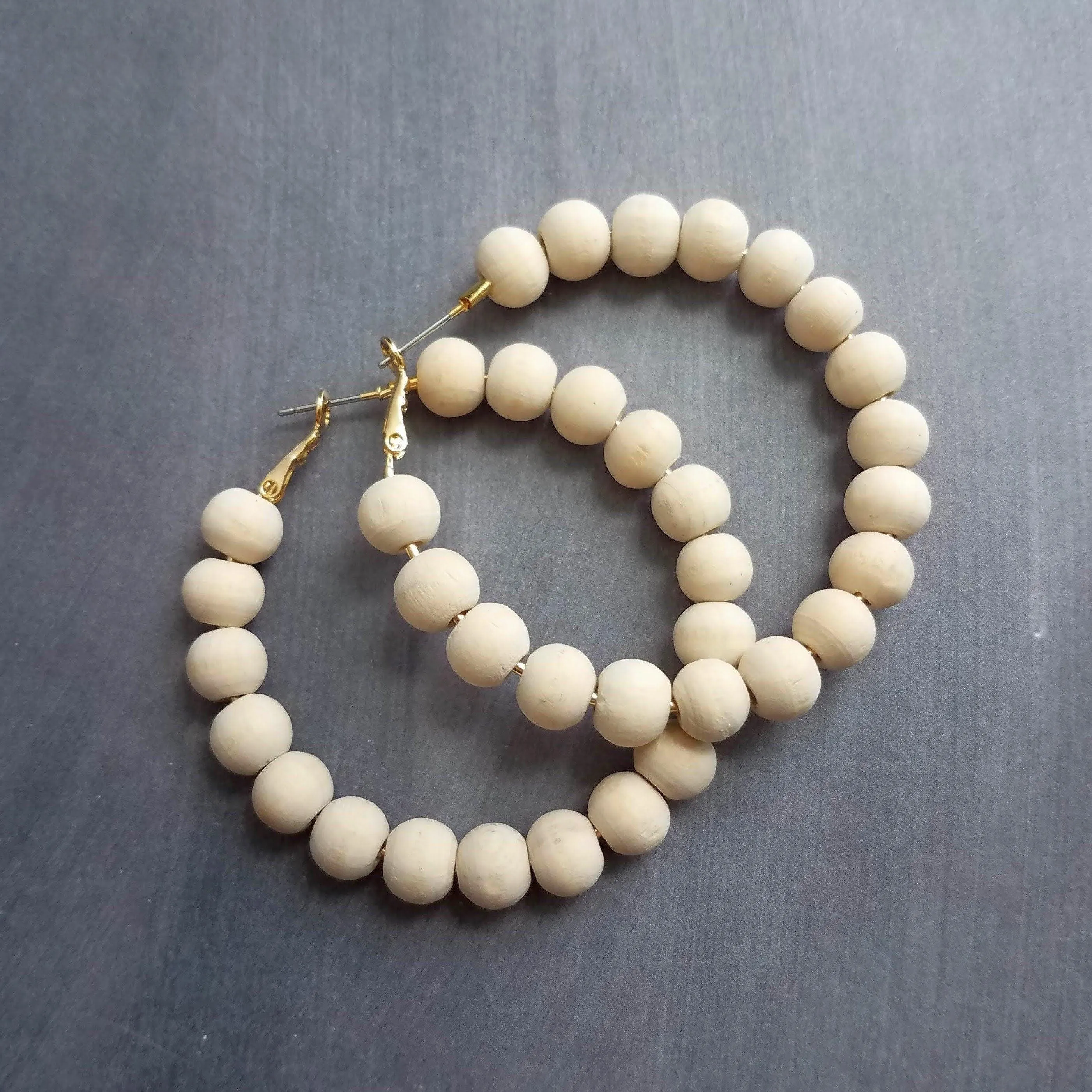 Wood Bead Hoop Earrings, large gold hoop, summer earrings, beaded hoops, wooden bead earring, natural wood beads, large hoops, bold silver