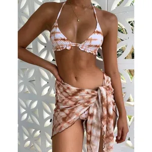 ZAFUAZ Sexy 3 Piece Swimsuit Women Tie Dye Push Up Padded Biquini Brazilian Summer Bathing Suit Thong Bikini Swimwear Women Skir